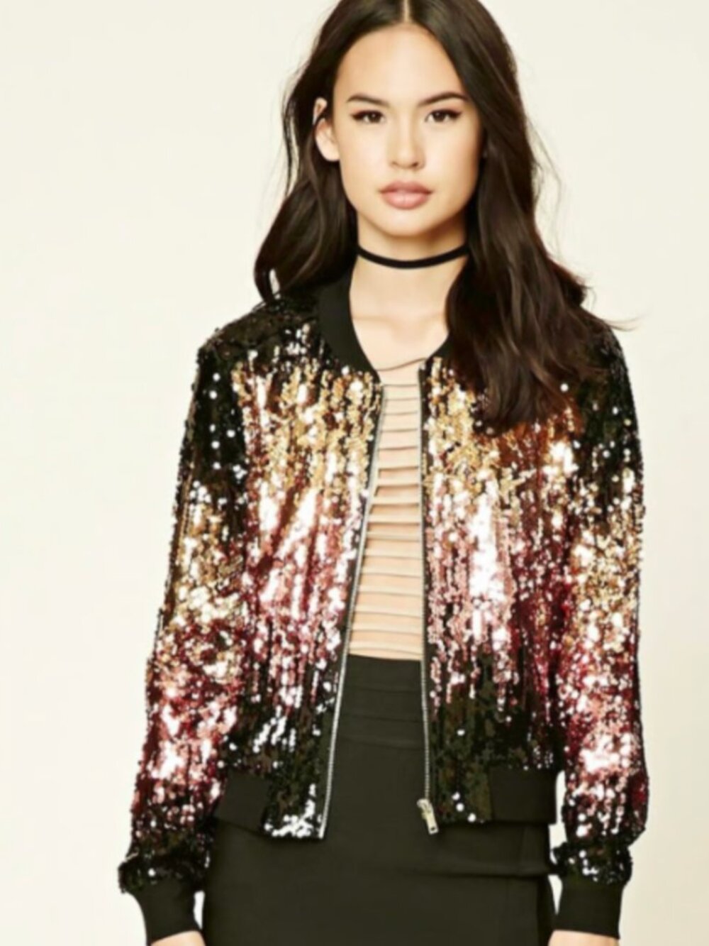 Forever 21 Ombre Sequin Full Zip Bomber Jacket Black Gold Rose Gold - Size S